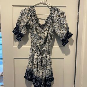 Elegant Blue and White Patterned Romper